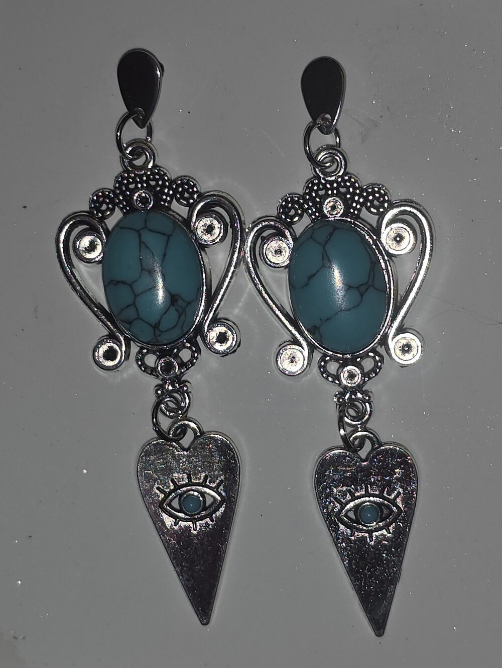 Turqoise Dangle Earrings In Silver Tone Framey With Stainless Steel Stud Prongs
